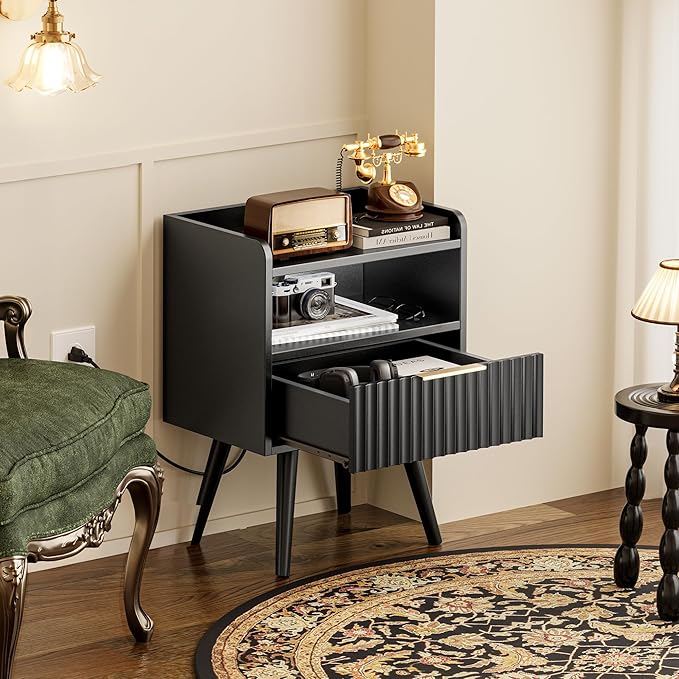 Huuger Nightstand with Charging Station, USB-C Port, Fluted Night Stand Set of 2, Bed Side Table with Drawer, Solid Wood Feet, Open Storage, End Table with Raised Edge, for Bedroom, Black