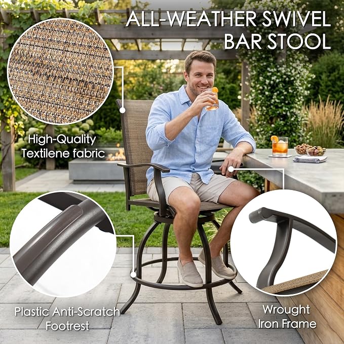 Kozyard Isabella Outdoor Swivel Bar Stools, Counter Height Patio Swivel Chairs with Textilene Seat, Outdoor Bar Height Chairs for Backyard, Bistro, Patio Bars, Beige