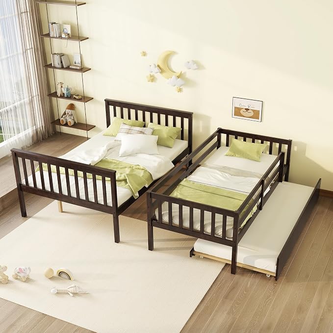 Harper & Bright Designs Convertible Wood Twin-Over-Full Bunk Bed with Trundle and Ladder - Can Be Divided Into Two Platform Beds, Espresso