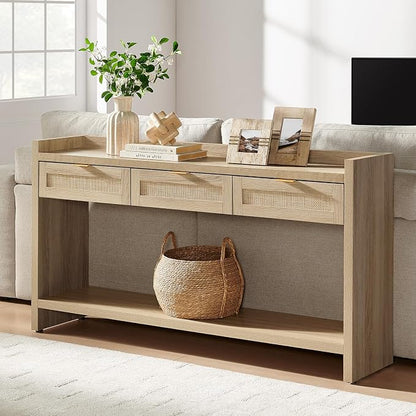 SICOTAS Rattan Console Table Set of 2 - Large Boho TV Console Entry Table with 3 Storage Drawers, 60" Long Sofa Table Behind Couch for Living Room, Hallway, Foyer, Entryway