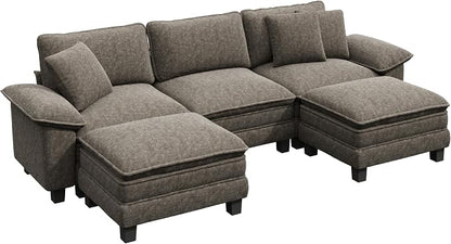 PHI VILLA Cloud Modular Couch Sets, 123.6" Oversized Sectional Sofa with U-Shaped Chaise, 5-Seater Couches with 2 Movable Ottomans for Living Room, Chenille Smoky Grey