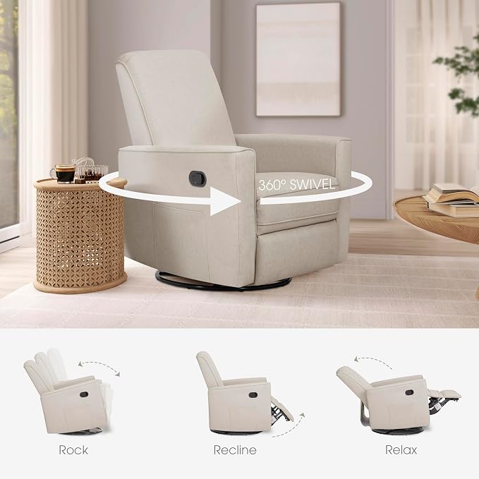 Evolur Raleigh Upholstered Manual Glider Recliner– Rocking & 360° Swivel with Smooth Glide – Greenguard Gold & FSC Certified – Modern Nursery and Living Room Chair in Light Sand