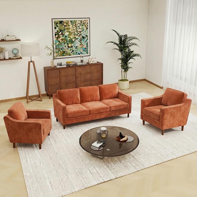 Kingfun Couch Sets for Living Room, 3 Seater Couch and Armchair, Mid Century Modern Sofa Set, Chenille Couch with Solid Wood Frame for Bedroom