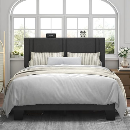 Feonase Full Size Platform Bed Frame, Fabric Upholstered Full Bed Frame, Solid Wood Slats & Heavy Duty Feet Support, No Box Spring Needed, Noise-Free, Easy Assembly, Dark Grey