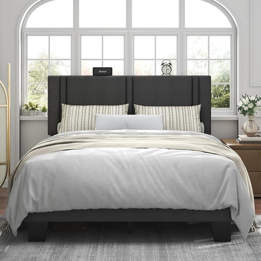 Feonase Full Size Platform Bed Frame, Fabric Upholstered Full Bed Frame, Solid Wood Slats & Heavy Duty Feet Support, No Box Spring Needed, Noise-Free, Easy Assembly, Dark Grey