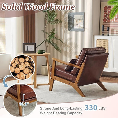 VINGLI Solid Wood Wide Armrests Accent Chair,Upholstered Mid Century Modern Chair with Pillow,Comfy Reading Chair Farmhouse Arm Chair,Chairs Living Room,Bedroom,Guest Room,PU Leather,Dark Brown