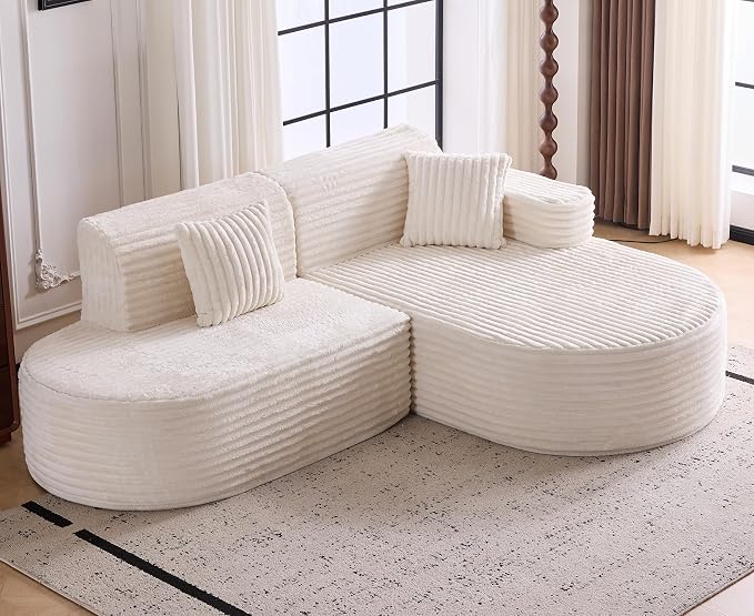 Modern Curved Boneless Sofa Couch, L-Shaped Corner Sofa, Corduroy Upholstered Cloud Sectional Couch for Living Room, Bedroom and Apartment,No Assembly Needed(Beige, Right Hand Facing)