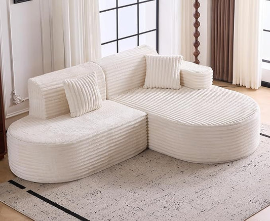 Modern Curved Boneless Sofa Couch, L-Shaped Corner Sofa, Corduroy Upholstered Cloud Sectional Couch for Living Room, Bedroom and Apartment,No Assembly Needed(Beige, Right Hand Facing)