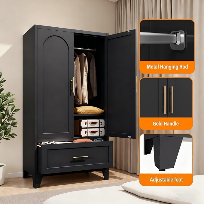 60" Matte Black Metal Storage Cabinet with 2 Doors, Drawer, Interior Rail and Adjustable Shelf, Freestanding Utility Cabinet for Office, Laundry Room, Entryway, Garage and Home Storage