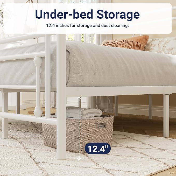 Allewie King Size Metal Platform Bed Frame with Victorian Vintage Headboard and Footboard/Mattress Foundation/Under Bed Storage/No Box Spring Needed/Noise-Free/Easy Assembly, White