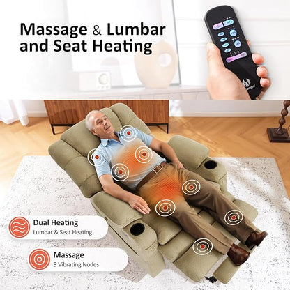 MCombo Big Man Power Lay Flat Lift Chair, Triple Motor Power Lift Recliner with Massage & Dual Heating, Adjustable Headrest, Fabric R7635 (Beige, Large-Wide)