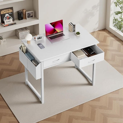 DUMOS 32" Home Office Computer Desk with Drawers, Small Gaming Writing Study Table with Storage Side Bag, Headphone Hook and Adjustable Feet for Bedroom White