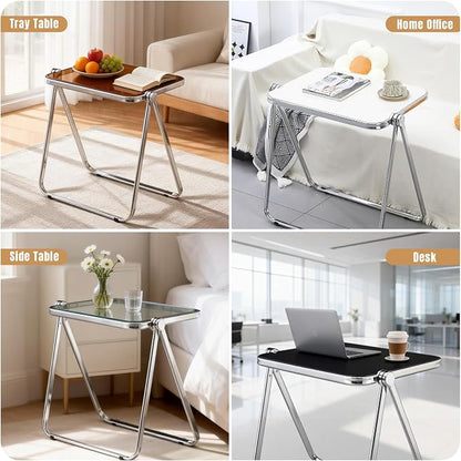 Acrylic Folding Table - Modern TV Tray Dinner Table for Eating on Couch - Small Folding Table Foldable Computer Desks Space-Saving with Chrome Frame No Assembly Required -Clear