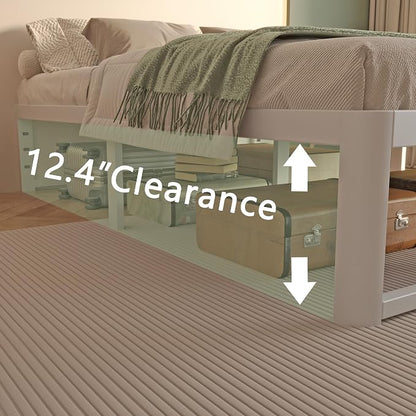 VYM 14 Inch White Queen Bed Frame with Metal Gaskets, Anti-Slip Mattress Stopper, No Box Spring Needed, Heavy Duty Steel Slat Support 3500 LBS, DIY Headboard, Round Corner Leg, Easy Assembly