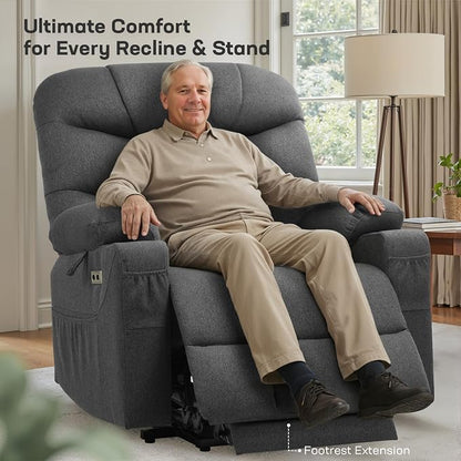 Tami Tami Dual Motor Power Lift Chair Recliner for Elderly with Massage and Heat, Infinite Position Electric Lift Recliner with USB A&C, Cup Holders (T6012 - Linen Fabric, Gray, Oversized)