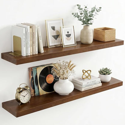 fuqing 40 Inch Floating Shelves | 6.7 Inch Deep Dark Wood Floating Shelves for Wall Set of 2 | 40''W x 6.7''D x 1.4''H Dark Wood Shelves for Living Room Bathroom Bedroom Kitchen Home Office