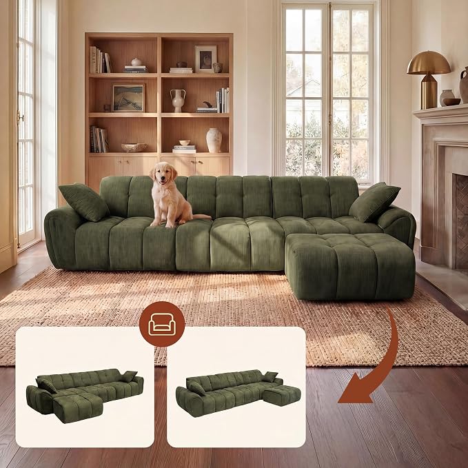 Claiks 118" Modern Boneless Couch, Corduroy Modular Cloud Sofa for Living Room, Deep Seat Sectional with Movable Ottoman, No Assembly Required, Green