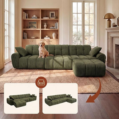 Claiks 118" Modern Boneless Couch, Corduroy Modular Cloud Sofa for Living Room, Deep Seat Sectional with Movable Ottoman, No Assembly Required, Green
