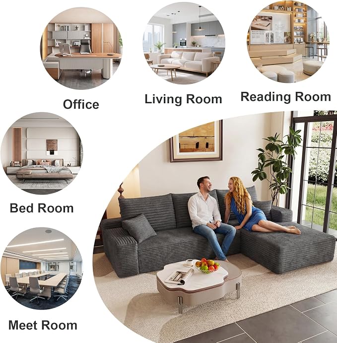 95" Cloud Sectional Couch with L-Shape Chaise, Modular Comfy Sofa Chaise Longue, Upholstered Corduroy Couches Sleeper with Deep Seat for Living Room Bedroom, No Assembly Required(Grey, Right Facing)