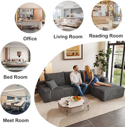 95" Cloud Sectional Couch with L-Shape Chaise, Modular Comfy Sofa Chaise Longue, Upholstered Corduroy Couches Sleeper with Deep Seat for Living Room Bedroom, No Assembly Required(Grey, Right Facing)