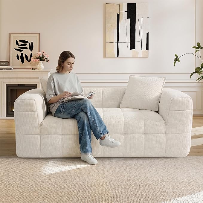 66.5" Loveseat Boneless Couch,Comfy Cloud Sectional Sofa with Deep Seat,Modern Upholstered Chenille Love Seat Sofa, Small Couches for Living Room, No Assembly Required Tufted Sofas, Beige White