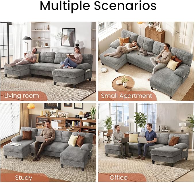 KKL U-Shaped Sectional Couch for Living Room, 112" Sectional Sofa with Double Chaise, Modern Sofa Deep Seat Couches for Living Room, Apartment, Office, Grey