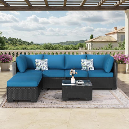 U-MAX 7 Piece Outdoor Patio Furniture Set, PE Rattan Outdoor Wicker Sectional Furniture Chair Set with Cushions and Tea Table, Black Rattan and Peacock Blue Cushion