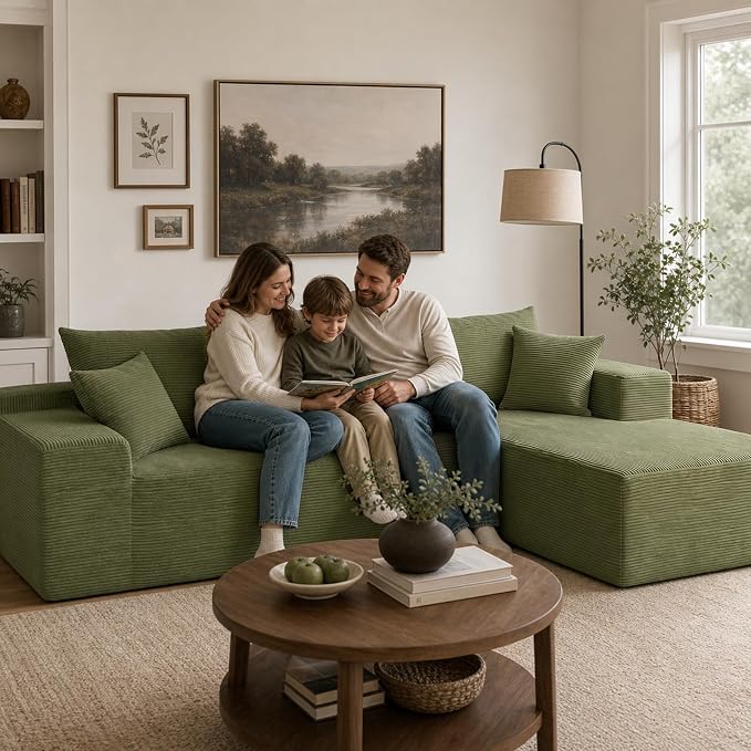 Boneless Couch, 102.4" Sectional Couches for Living Room with L Shape Sofa | Cloud Couch Sectional with Chaise, Modular Cloud Sofa with Deep Seat, No Assembly, Green, Corduroy, Right Chaise