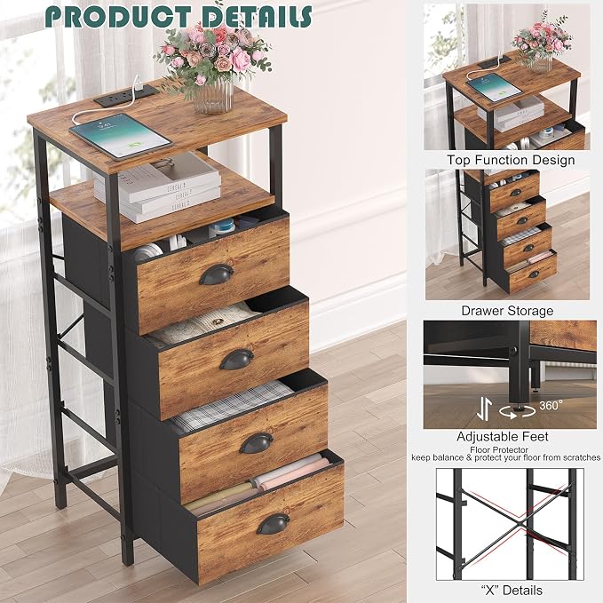 sthmec Nightstand with Charging Station,LED Nightstand with 4 Fabric Drawers, Bedside End Tables, 2-Tier Open Storage Shelf Side Table Nightstand with Drawers for Bedroom,Rustic Brown