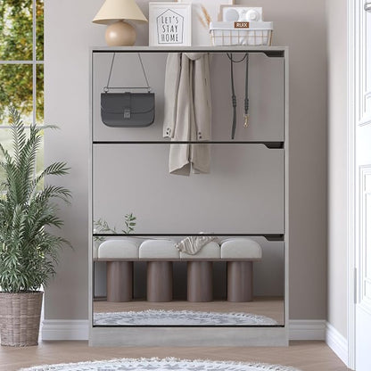 BORNOON Shoe Cabinet with 3-Flip Mirror Drawers, Freestanding Shoe Rack Organizer with Hidden Handle, Slim Narrow Shoe Storage Cabinet for Entryway, Entrance, Hallway, Bedroom