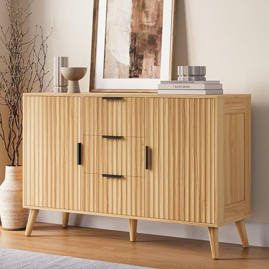 47.2" Fluted Sideboard Buffet Cabinet with 3 Drawers, Modern Sideboard Cabinet with Storage, Large Storage Cabinets with 2 Doors Accent Credenza for Kitchen|Living Room|Entryway, Natural