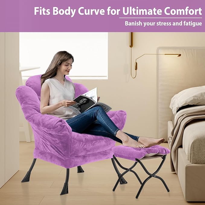 Youtanic Lazy Chair with Folding Ottoman, Accent Chair Plush Upholstered with Metal Structure and Non-Slip Pads, Sofa Armchair with Footrest and Side Storage Bag for Dorm, Room, Office, Purple
