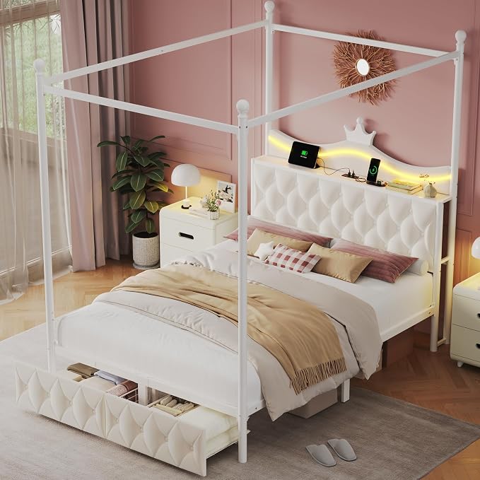 Keyluv Full Size Upholstered LED Canopy Bed Frame with Charging Station and Drawer, Button Tufted Crown Headboard with Storage Shelf, Two-Purpose Removable Four Poster Design Platform Bed, Beige