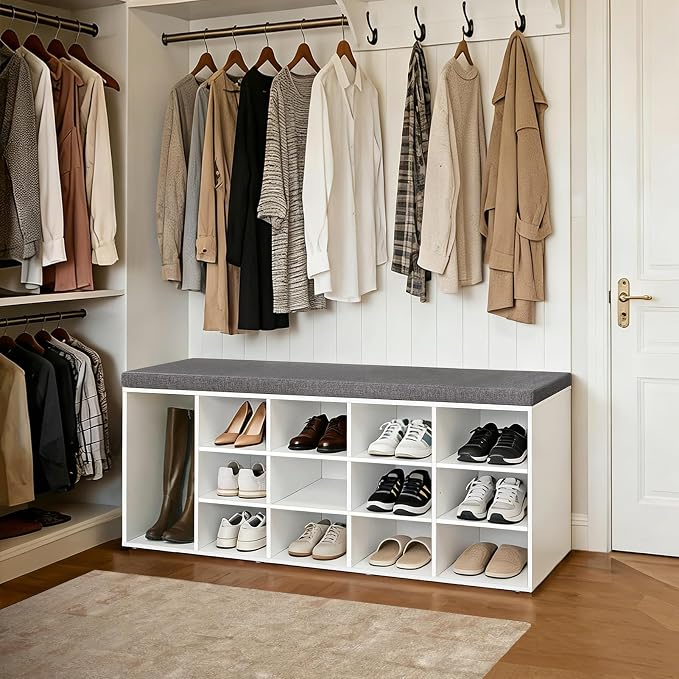 DINZI LVJ Shoe Storage Bench with Cushion, 13-Cubby Shoe Rack, Adjustable Shelves, Multifunctional Shoe Organizer Bench for Entryway, Mudroom, Hallway, Living Room, Bedroom and Garage, White