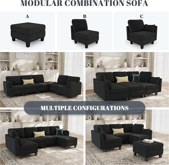 Sectional Sleeper Sofa, 6 Seaters Modular Sleeper Sofa Couch, Comfy Sectionals Couches Bed, Convertible Sofas with Ottomans, Modular Sectional Couches for Living Room, Black