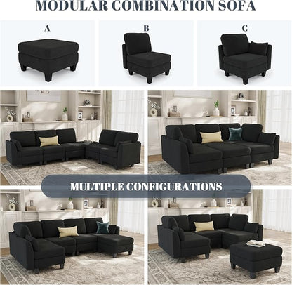 Sectional Sleeper Sofa, 6 Seaters Modular Sleeper Sofa Couch, Comfy Sectionals Couches Bed, Convertible Sofas with Ottomans, Modular Sectional Couches for Living Room, Black