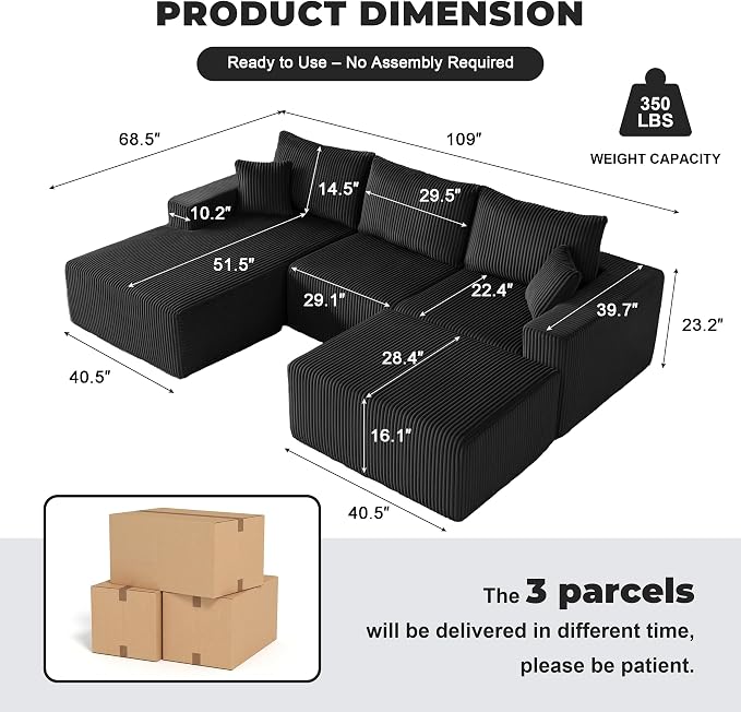 Weture 108” Modular Sectional Couches, Modern Modular U-Shape Sofa with Chaise, Cloud Sectional Couch with Deep Seat, Upholstered Boneless Sofa for Living Room (Corduroy, Black)