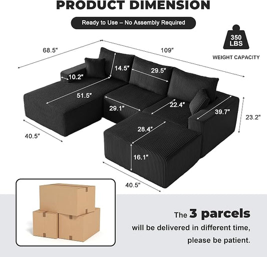 Weture 108” Modular Sectional Couches, Modern Modular U-Shape Sofa with Chaise, Cloud Sectional Couch with Deep Seat, Upholstered Boneless Sofa for Living Room (Corduroy, Black)