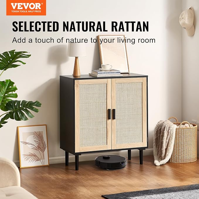VEVOR Rattan Cabinet, Buffet Cabinet with Storage, Storage Cabinet with 2 Magnetic Doors and Adjustable Shelves, Sideboard Buffet for Hallway, Entryway, Living Room, or Kitchen, Black