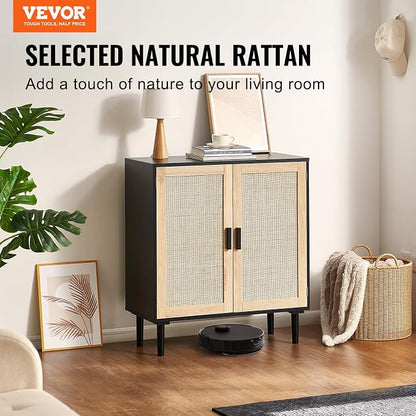 VEVOR Rattan Cabinet, Buffet Cabinet with Storage, Storage Cabinet with 2 Magnetic Doors and Adjustable Shelves, Sideboard Buffet for Hallway, Entryway, Living Room, or Kitchen, Black