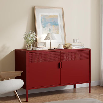 Red 25" H Metal Storage Cabinet with Adjustable Shelf, 2 Door Accent Cabinet, 2-Tier Low Cabinet with Vent Hole, TV Stand for Entryway, Home Office, Music Studio