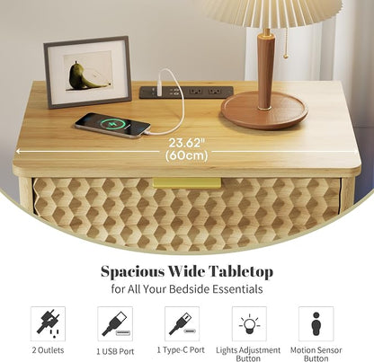 LVSOMT Smart Nightstand with Charging Station and LED Lights, 23.62" Wide Night Stand with 2 Drawers, Motion Sensor Motion-Activated Underlight, Honeycomb Bedside Table for Bedroom, Natural Oak