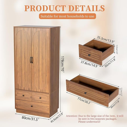 Jluomei Armoire Wardrobe Closet with Doors, Wardrobe Cabinet with 3 Drawers, Wooden Large Clothing Storage Cabinet with Hanging Rod and Shelf, Mid-Century Modern Tall Closet for Bedroom, Walnut