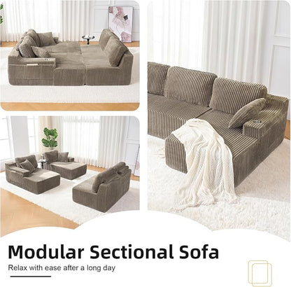 130" U-Shaped Modular Sectional Sofa with Chaise, Boneless Corduroy Flexible Module Seating for Living Room, Cloud Couch with Cup Holders and Side Pockets, No Assembly (Taupe)