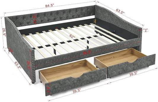 KEIKI Queen Size Upholstery Daybed with 2 Drawers and Headboard, Mid-Century Style Tufted Sofa Bed with Button on Back, Easy Assembly, No Box Spring Required, for Living Room and Bedroom, Dark Grey