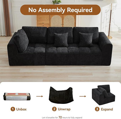 110''Modular Sectional Couches for Living Room, Cloud Boneless Compressed Sectional Sofa, Oversized 3 Seater Upholstered Memory Foam Sofa, No Assembly, Chenille Black