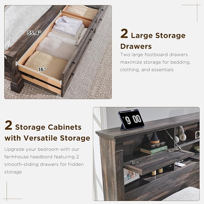 Farmhouse King Size Bed Frame with 54" Tall Headboard, Headboard with 4 Storage Rack, 2 Drawers, 18" Roman Column Decoration Footboard, Wood Platform Bed Frame, No Box Spring Needed(Dark Rustic Oak)