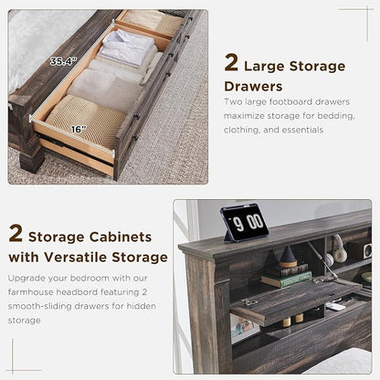 Farmhouse King Size Bed Frame with 54" Tall Headboard, Headboard with 4 Storage Rack, 2 Drawers, 18" Roman Column Decoration Footboard, Wood Platform Bed Frame, No Box Spring Needed(Dark Rustic Oak)