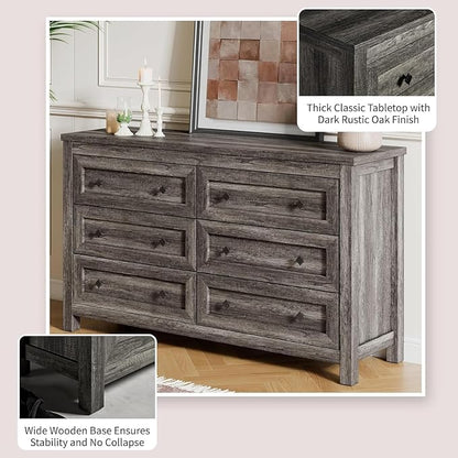 LUXOAK 5-Piece Bedroom Set, 1 X King Size Bed Frame, 2 X Nightstand Set with Charging Station, 1 X 5 Wood Drawer Dresser, 1 X Wood Rustic 6 Drawer Storage Dresser, Farmhouse Bedroom Furniture, Grey