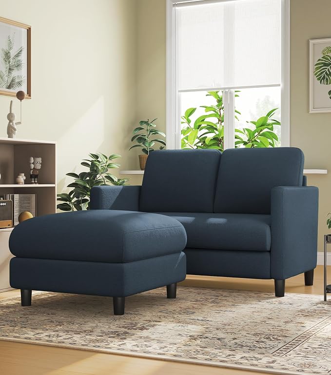 Welzona Loveseat, 51" Small L Shaped Couch, Comfy Teddy Love Seat with Ottoman Set, Tool-Free Setup Loveseat Sofa with Ottoman, All-Wood Small Sofa Couch for Bedroom, Couch for Living Room, Blue Grey